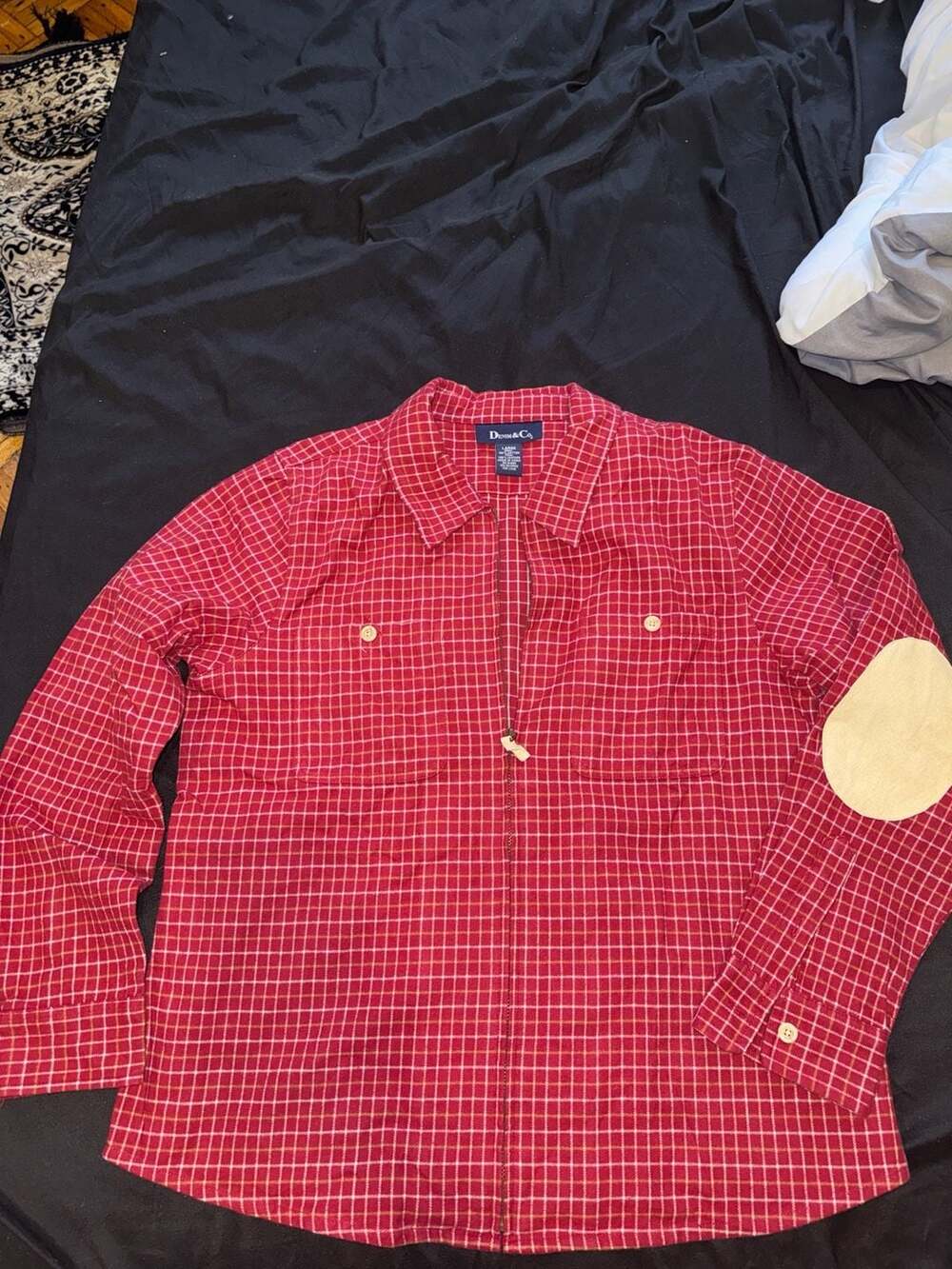 Denim & Co. Red Plaid Zip-Up Flannel Shirt Jacket with Leather Elbow Patches